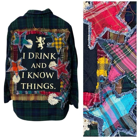 Upcycled Flannel Shirt Shacket Womens 1X Grunge Patchwork Folk Art Drink Camp - Picture 9 of 15